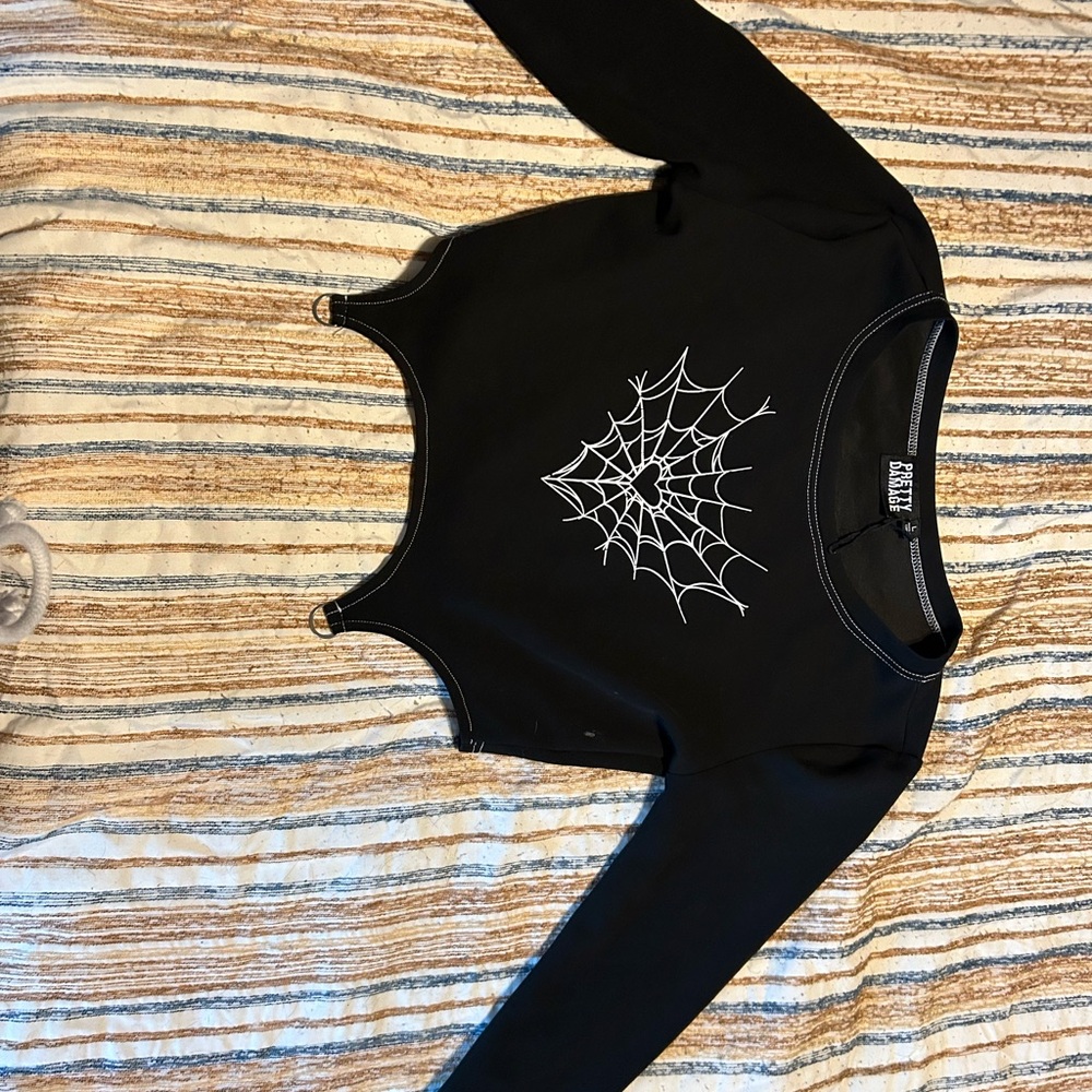 Black Long Sleeve Top with Spider Web Design